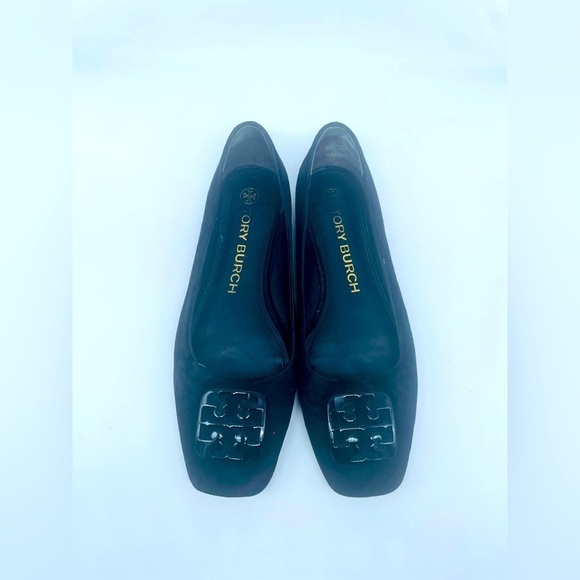 Tory Burch Black Suede Leather square toe Georgia ballet flats 8.5 - Picture 1 of 8